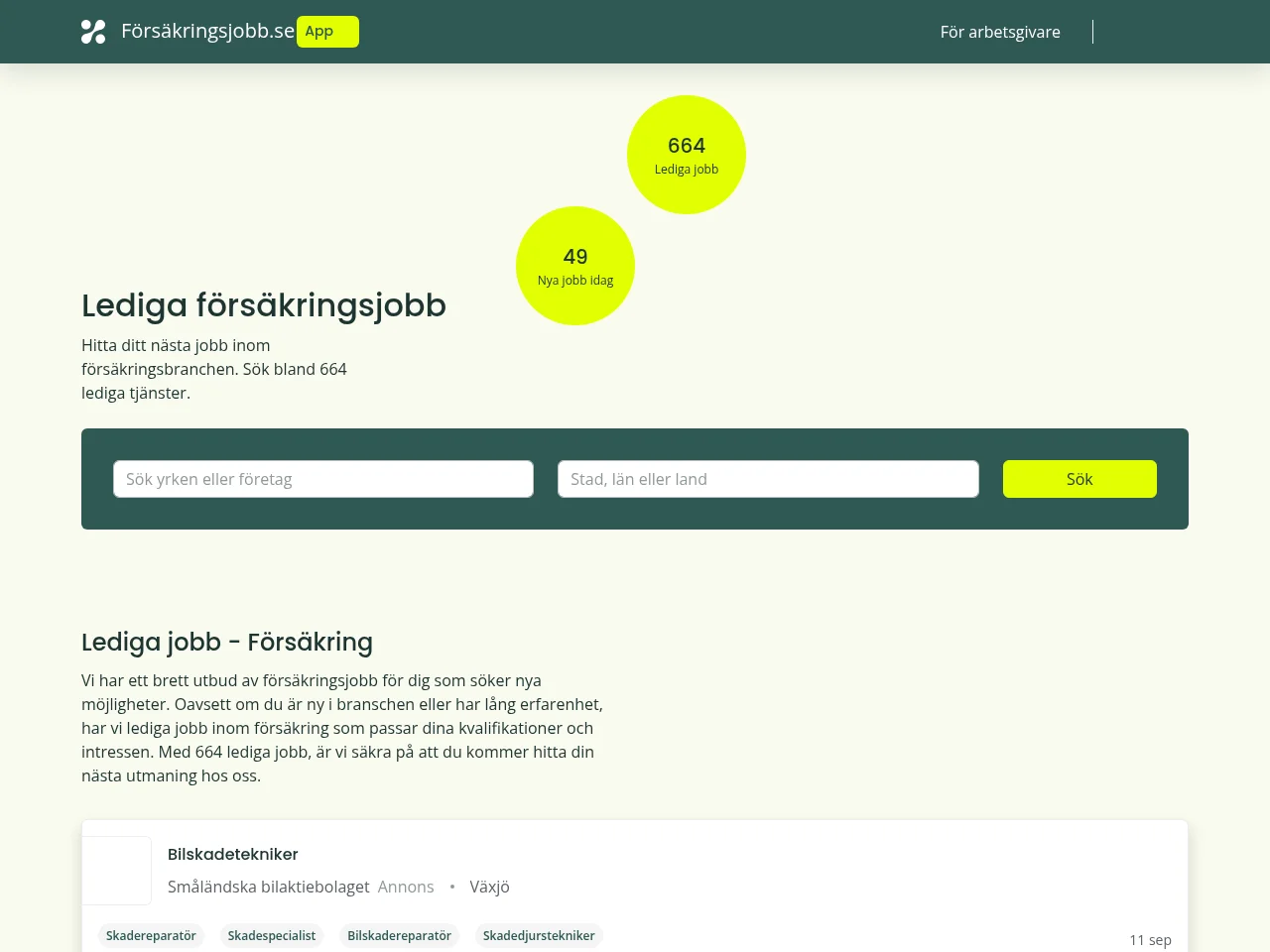 Försäkringsjobb.se job board platform screenshot showing job search interface
