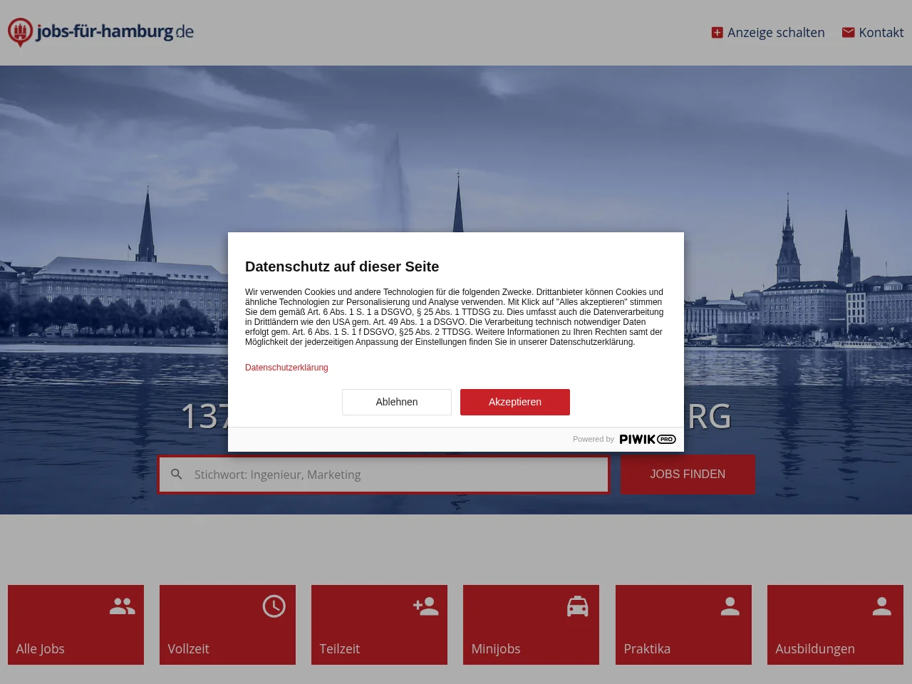 Jobs für Hamburg job board platform screenshot showing job search interface