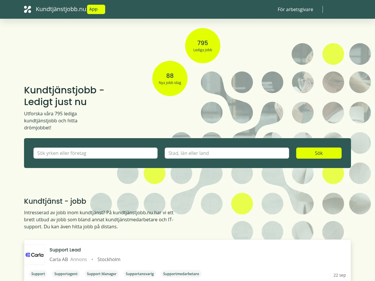 kundtjänstjobb.nu job board platform screenshot showing job search interface