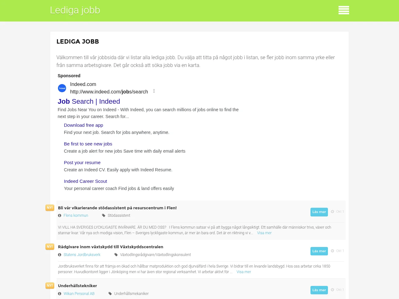 Lediga jobb job board platform screenshot showing job search interface