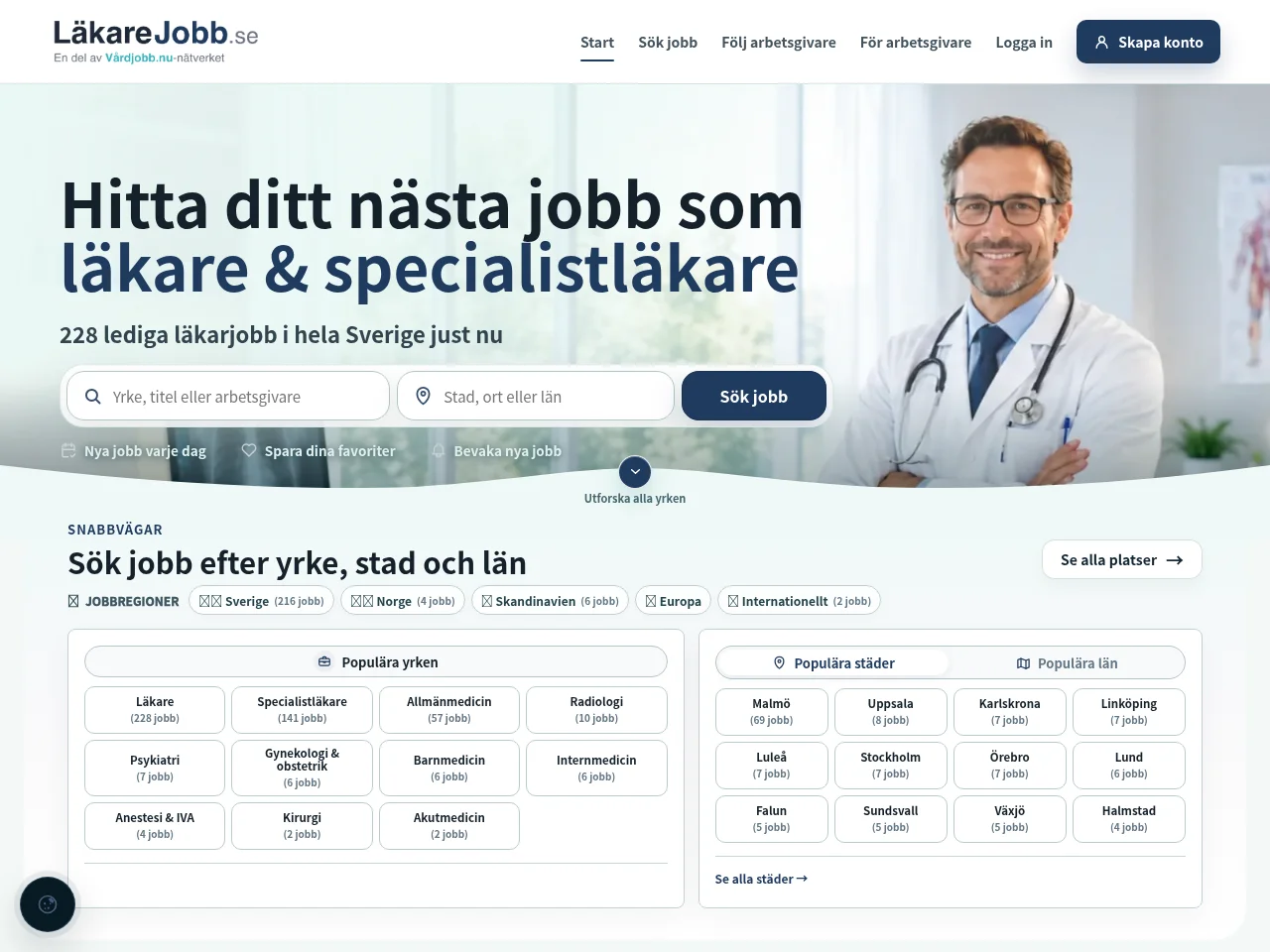 läkarejobb.se job board platform screenshot showing job search interface