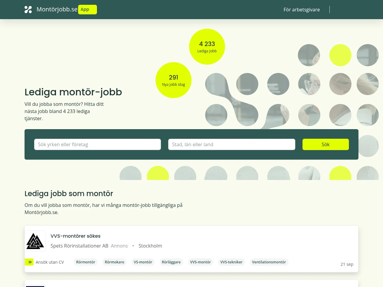 Montörjobb.se job board platform screenshot showing job search interface