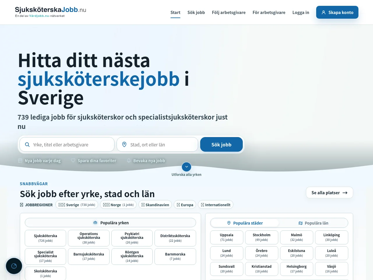 sjuksköterskajobb.nu job board platform screenshot showing job search interface