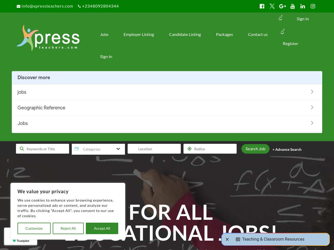Xpressteachers job board platform screenshot showing job search interface