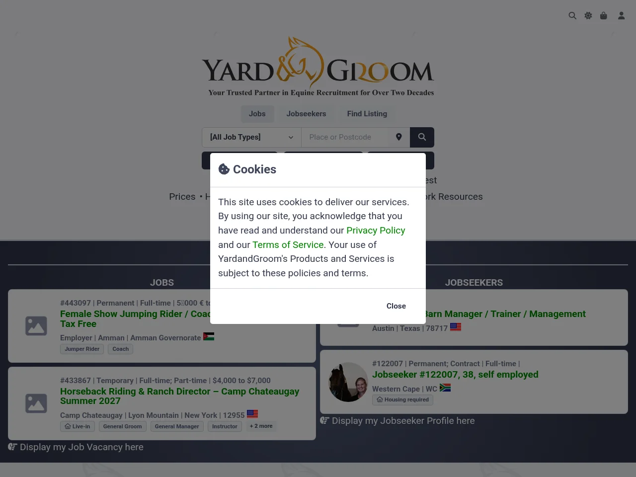 YardandGroom screenshot YardandGroom job board platform screenshot showing job search interface
