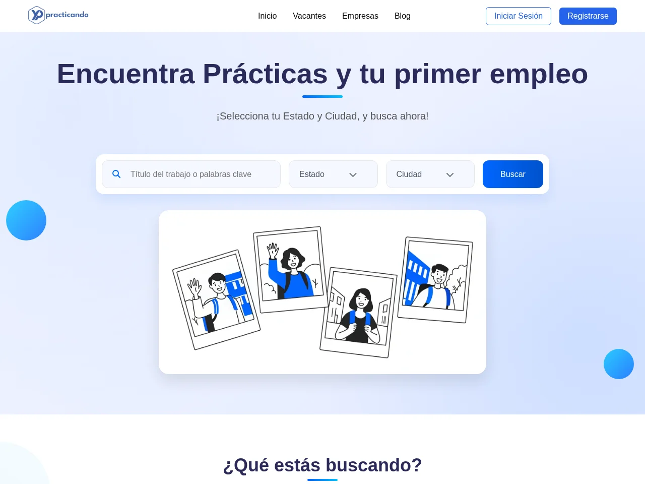YoPracticando job board platform screenshot showing job search interface