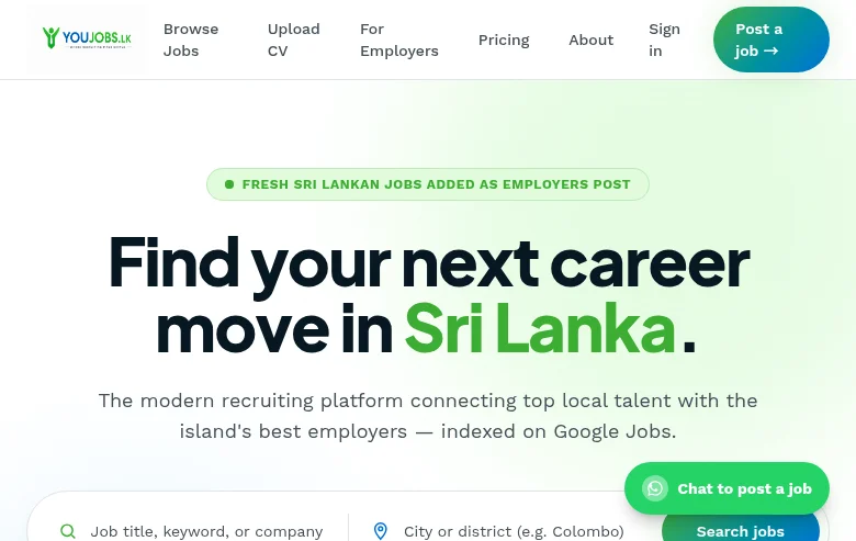 YouJobs.lk job board platform screenshot showing job search interface