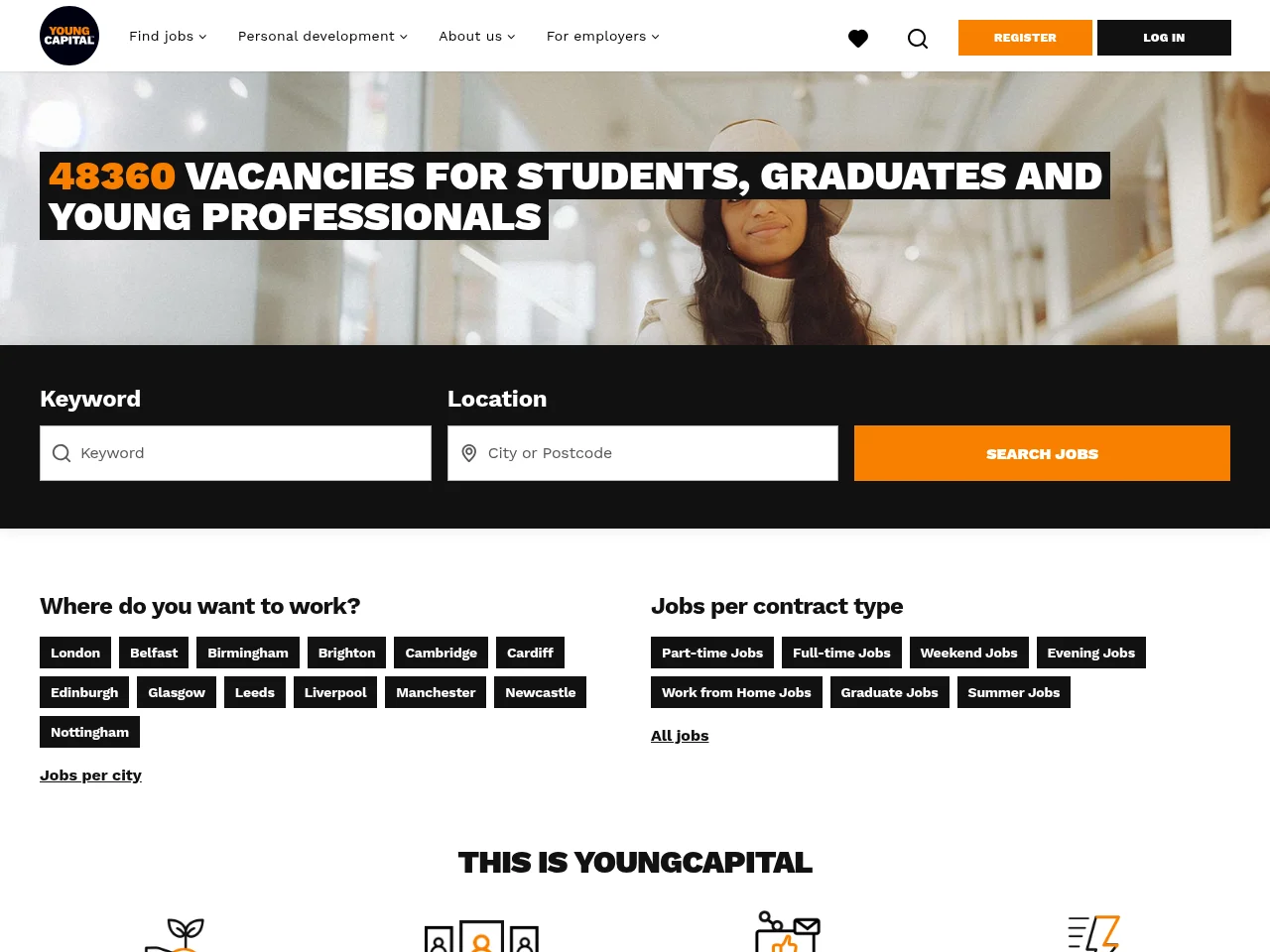 YoungCapital UK job board platform screenshot showing job search interface
