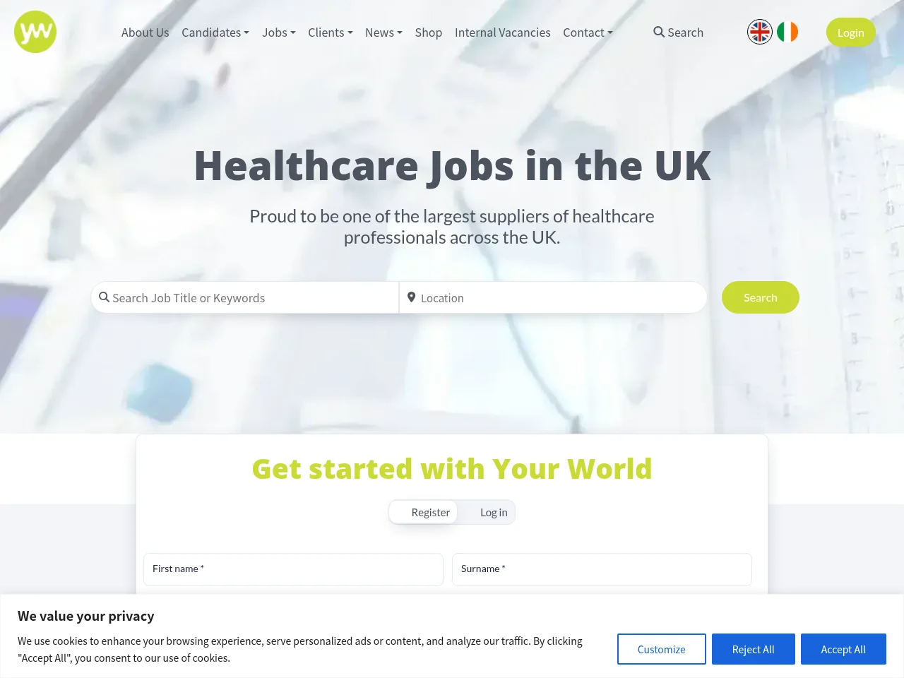 Your World job board platform screenshot showing job search interface