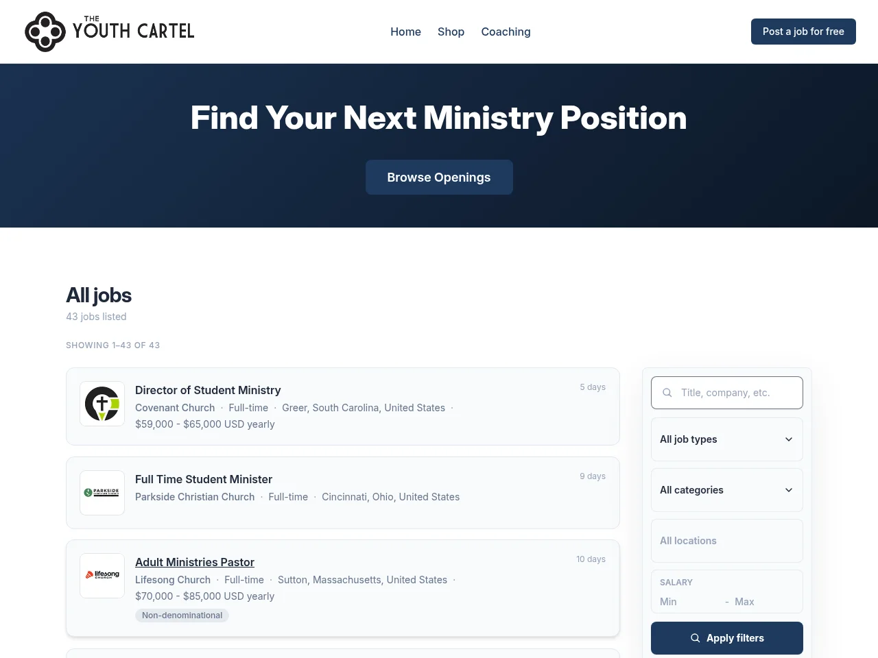Youth Ministry Job Board screenshot Youth Ministry Job Board job board platform screenshot showing job search interface