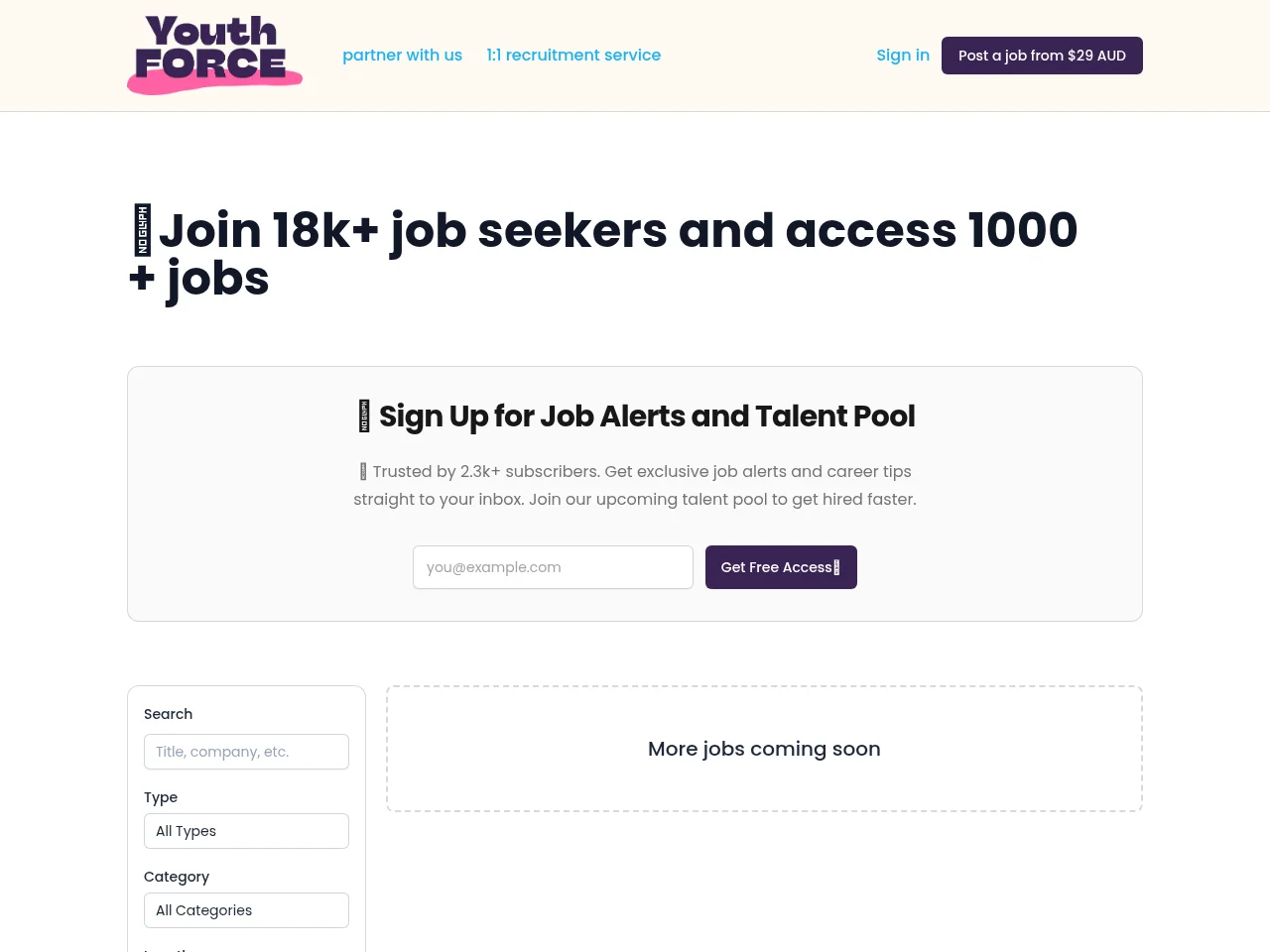 YouthForce job board platform screenshot showing job search interface