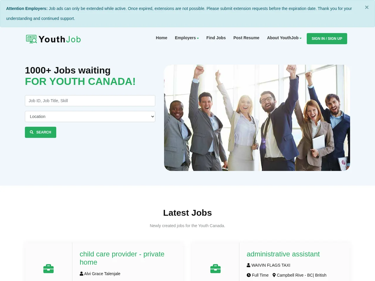 Youth Jobs Canada screenshot Youth Jobs Canada job board platform screenshot showing job search interface