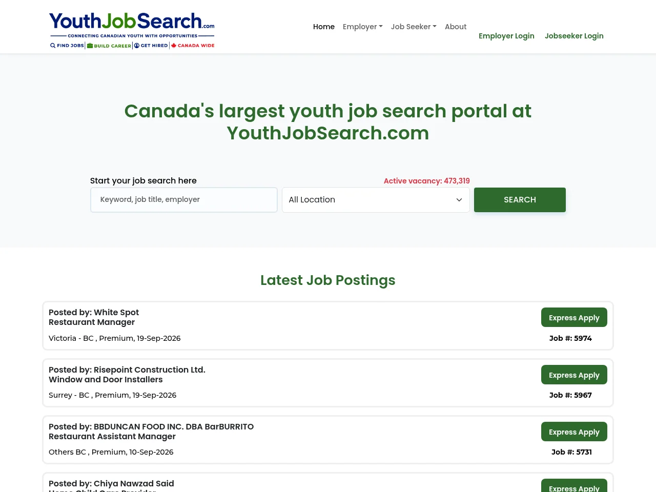 YouthJobSearch.com screenshot YouthJobSearch.com job board platform screenshot showing job search interface