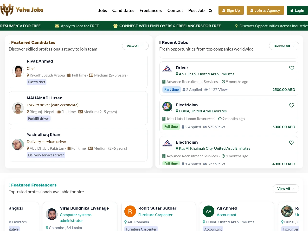 Yuhu Jobs job board platform screenshot showing job search interface