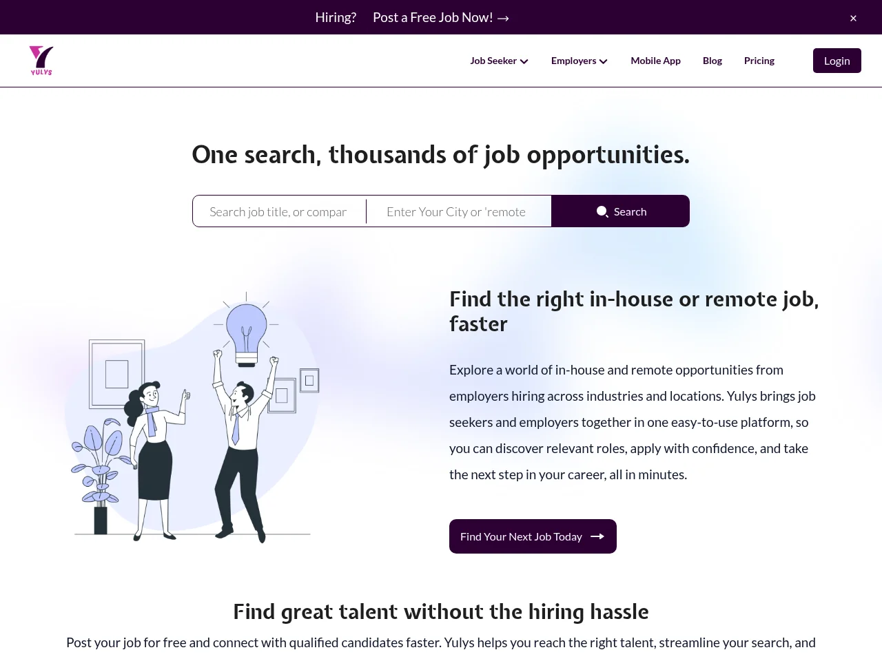 Yulys job board platform screenshot showing job search interface