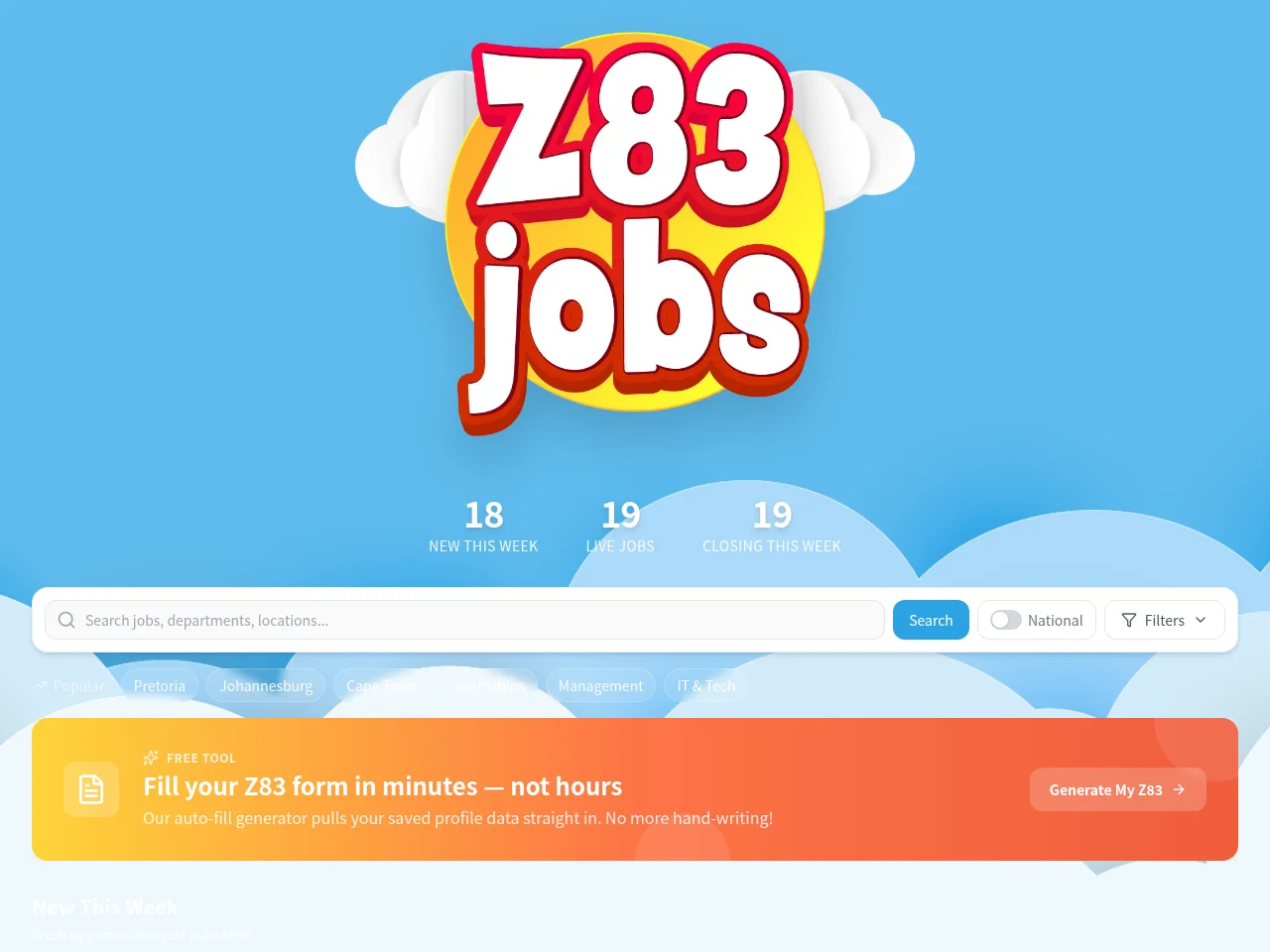 Z83 Jobs job board platform screenshot showing job search interface