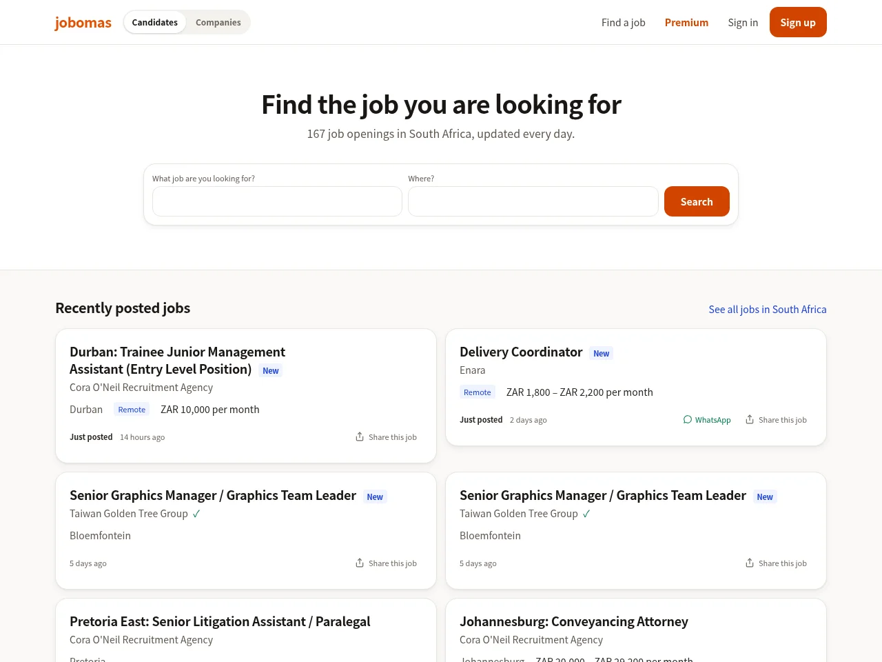 Jobomas job board platform screenshot showing job search interface