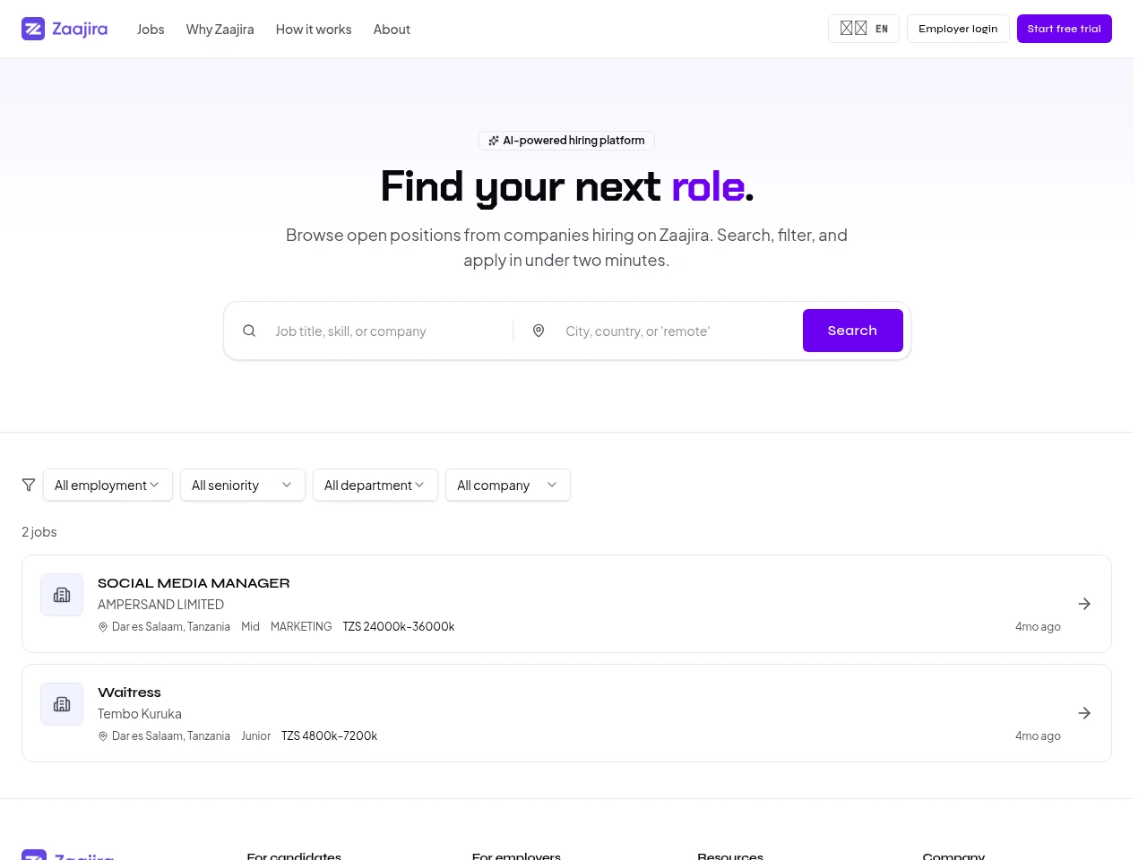 Zaajira job board platform screenshot showing job search interface