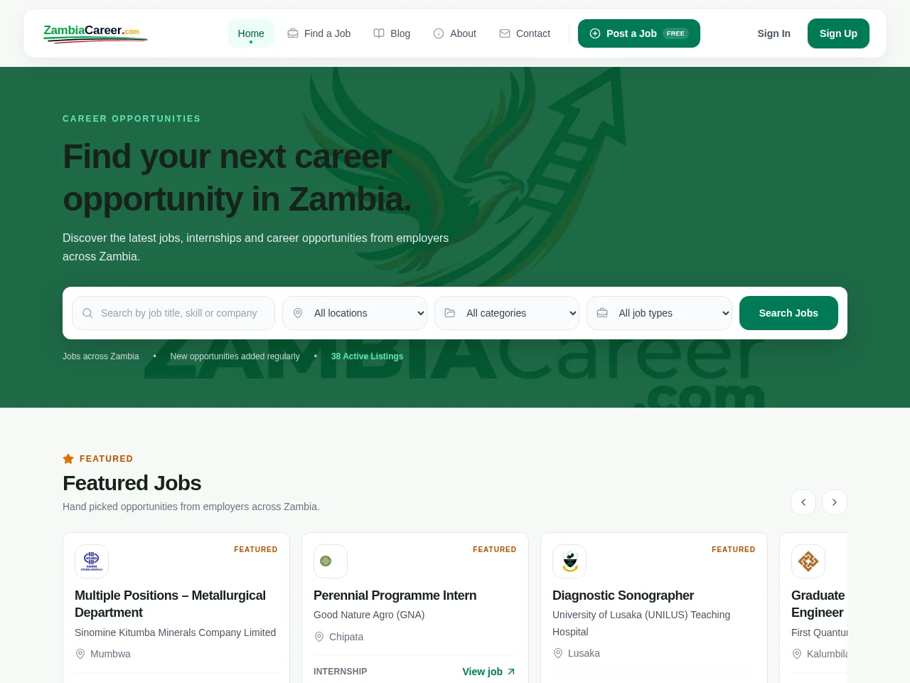 ZambiaCareer screenshot ZambiaCareer job board platform screenshot showing job search interface