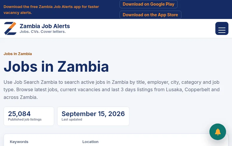 Zambia Job Alerts job board platform screenshot showing job search interface