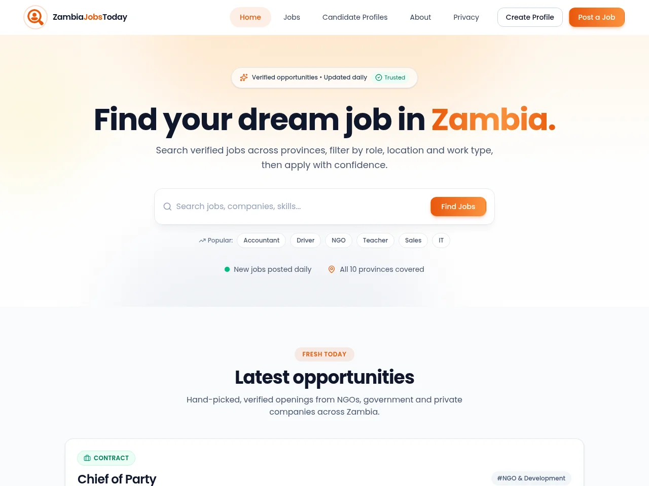 Zambia Jobs Today job board platform screenshot showing job search interface