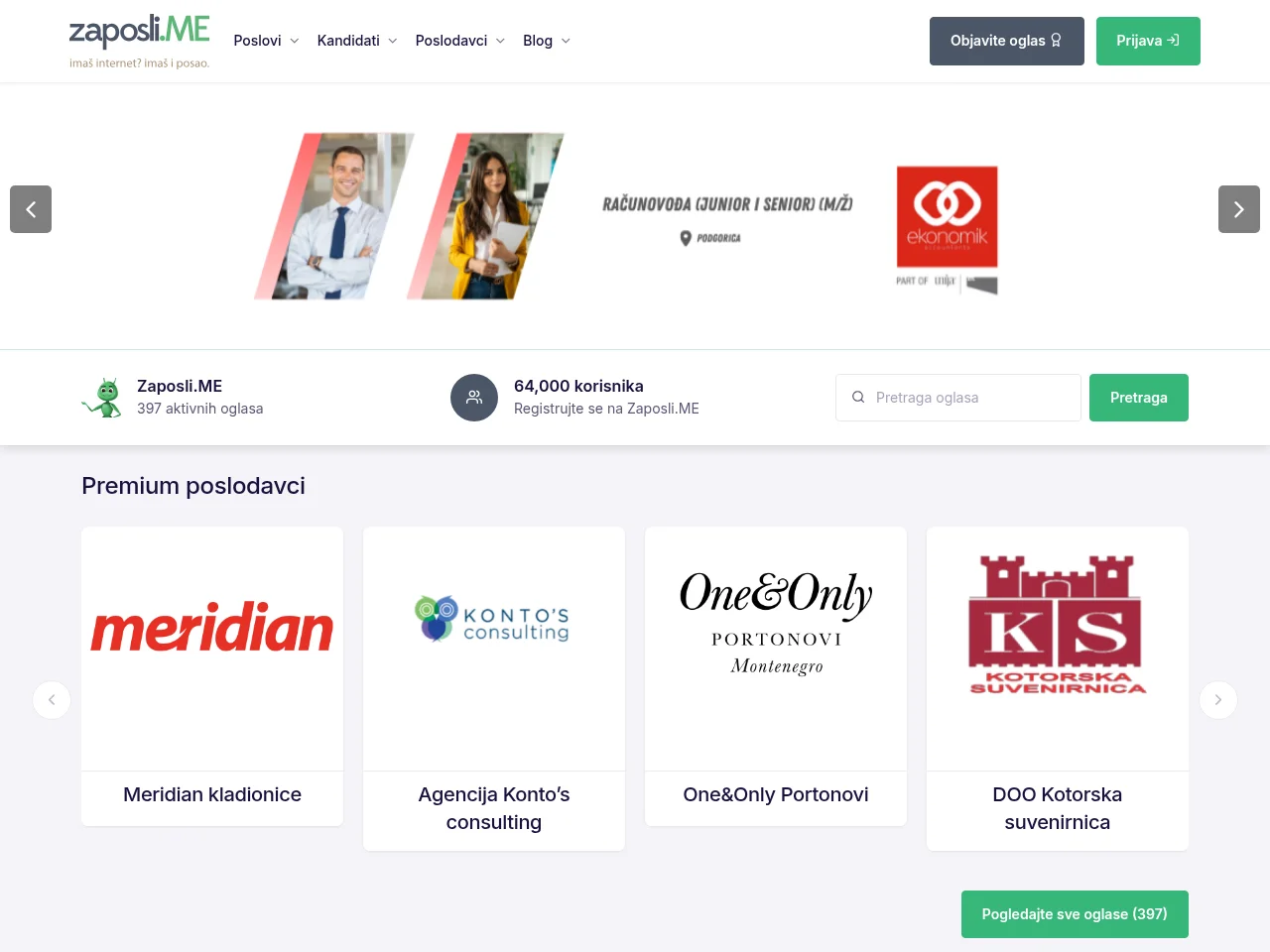 Zaposli.ME job board platform screenshot showing job search interface