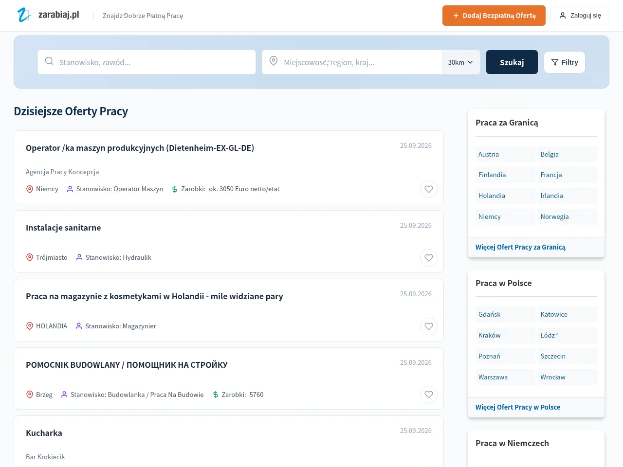 Zarabiaj.pl job board platform screenshot showing job search interface