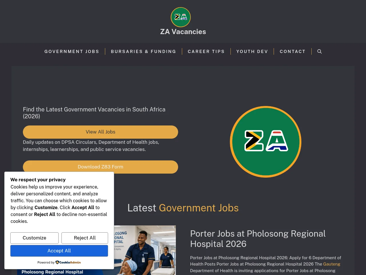 ZA Vacancies screenshot ZA Vacancies job board platform screenshot showing job search interface