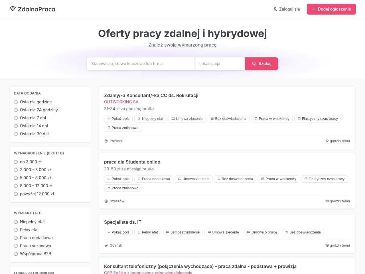 Zdalnapraca job board platform screenshot showing job search interface