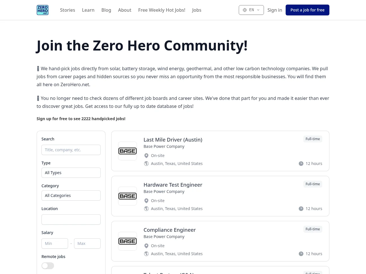ZeroHero.net job board platform screenshot showing job search interface