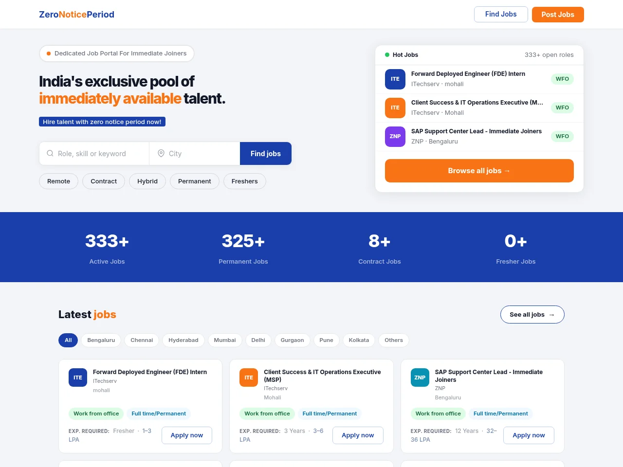 ZeroNoticePeriod job board platform screenshot showing job search interface