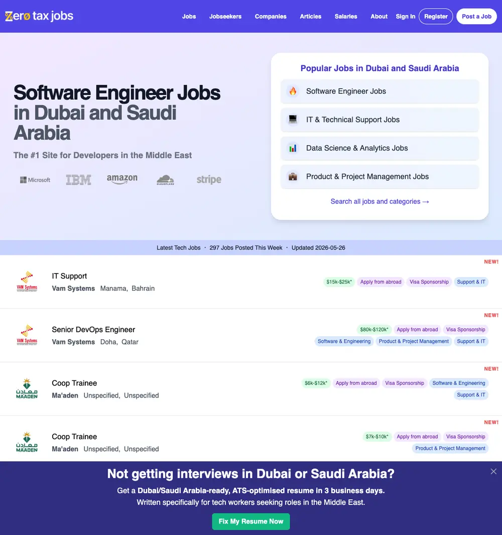 ZeroTaxJobs job board platform screenshot showing job search interface