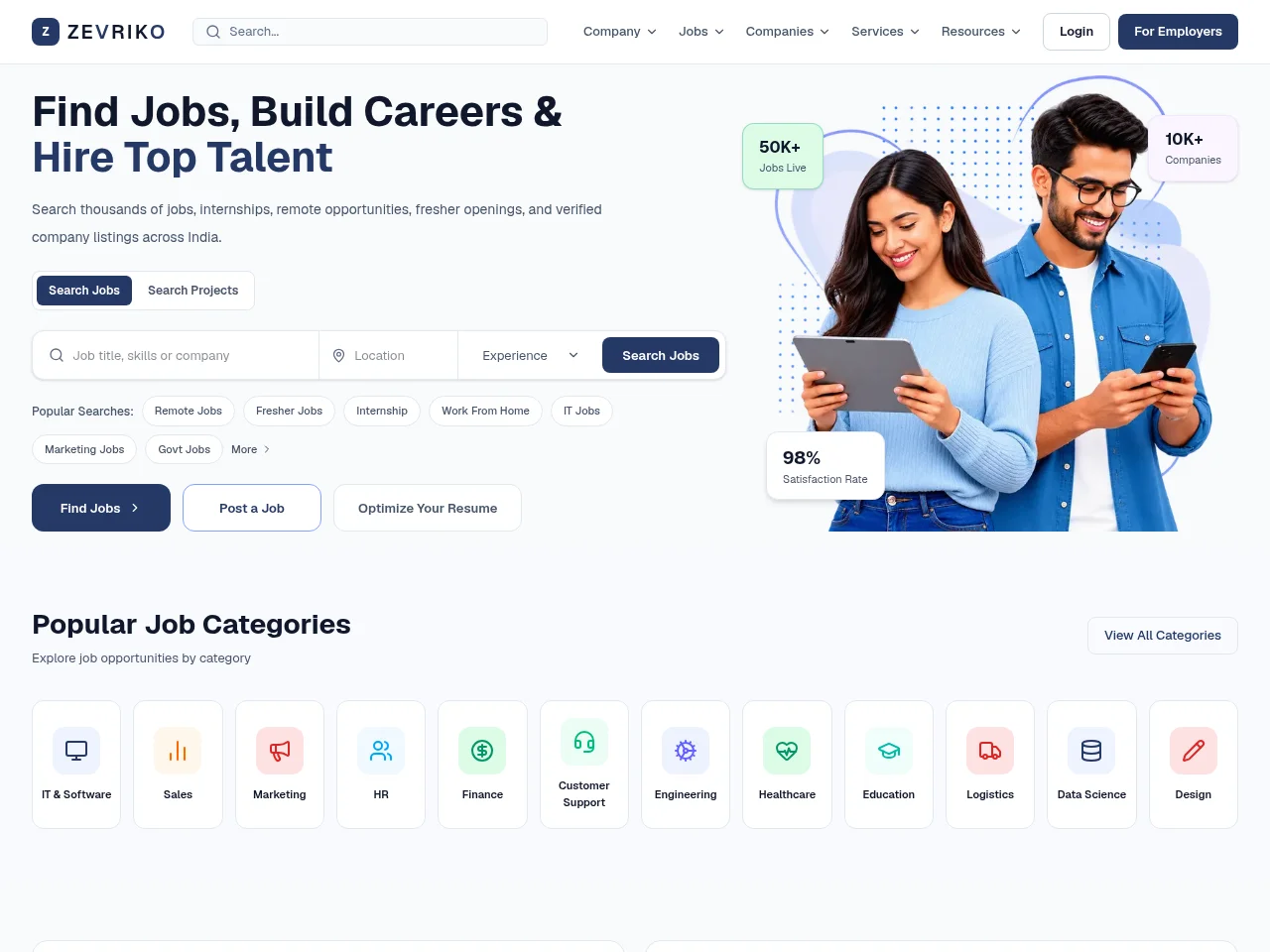 Zevriko job board platform screenshot showing job search interface