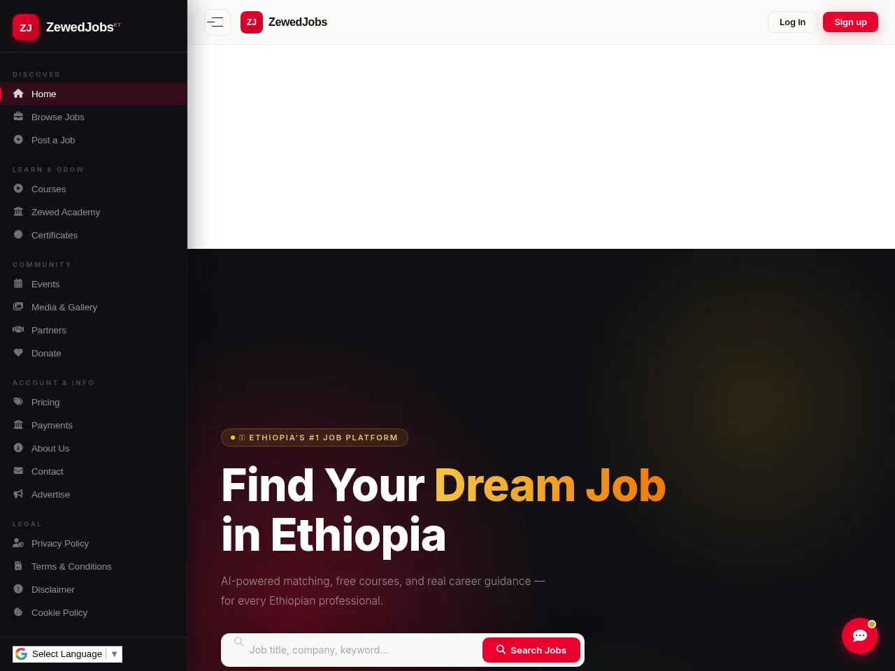 ZewedJobs job board platform screenshot showing job search interface