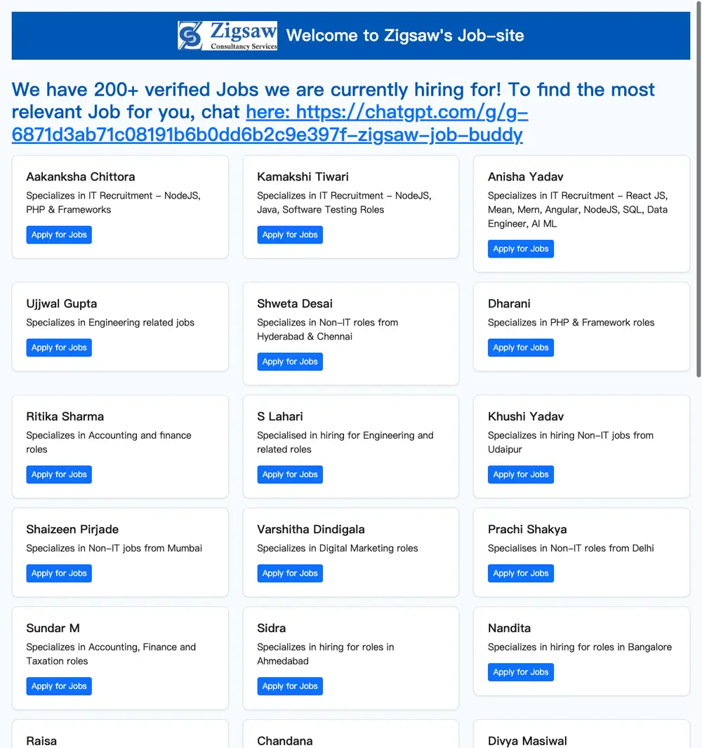 Zigsaw job board platform screenshot showing job search interface