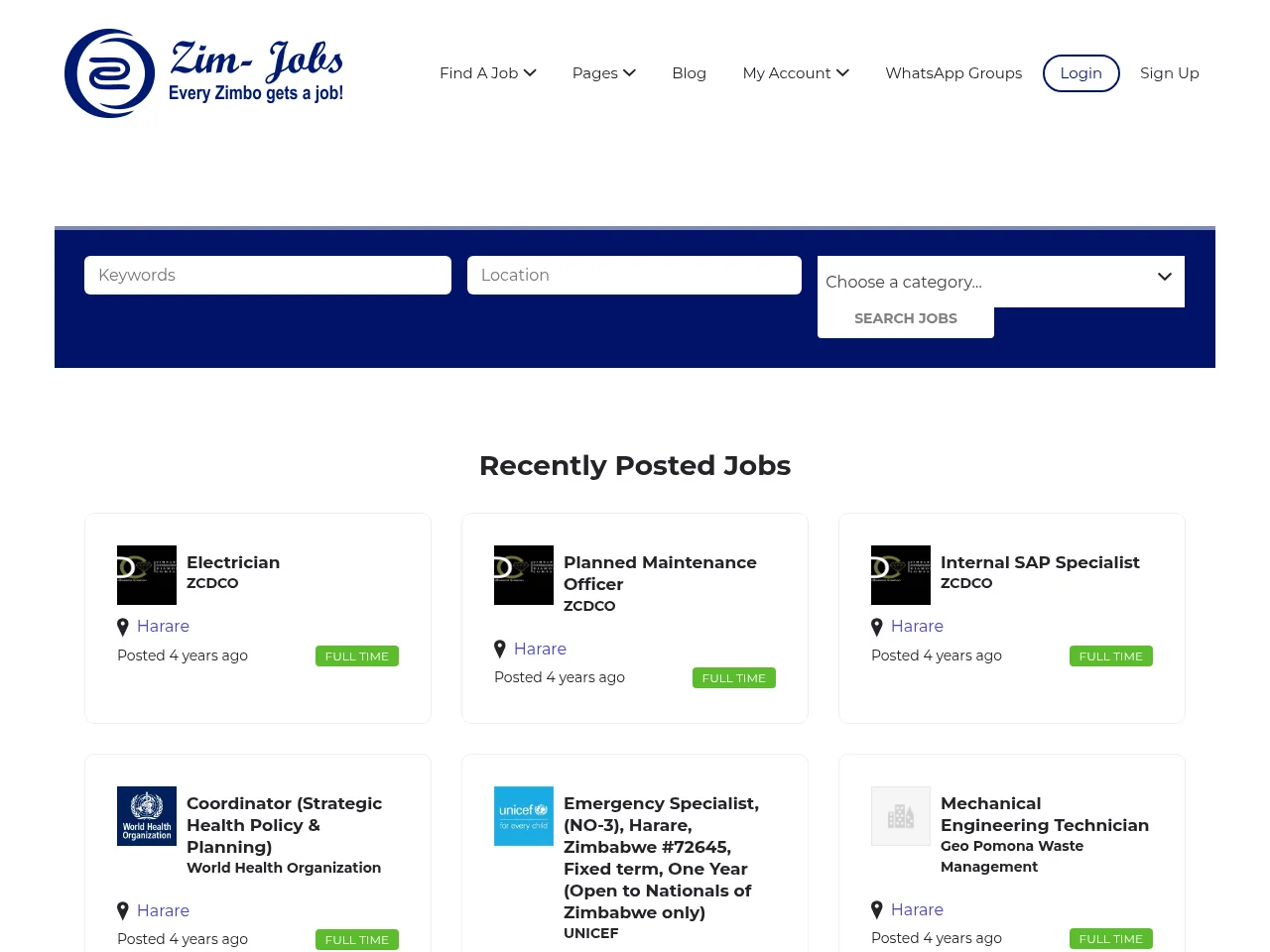 Zim Jobs website screenshot