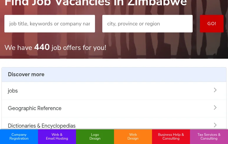 ZimPlaza Job Directory job board platform screenshot showing job search interface