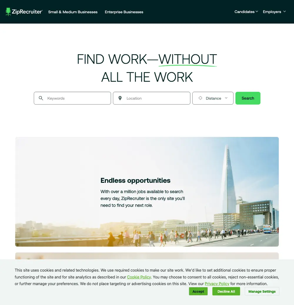 ZipRecruiter job board platform screenshot showing job search interface