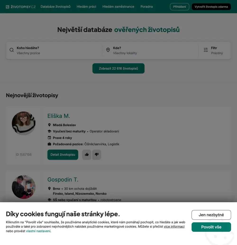 Životopisy.cz job board platform screenshot showing job search interface