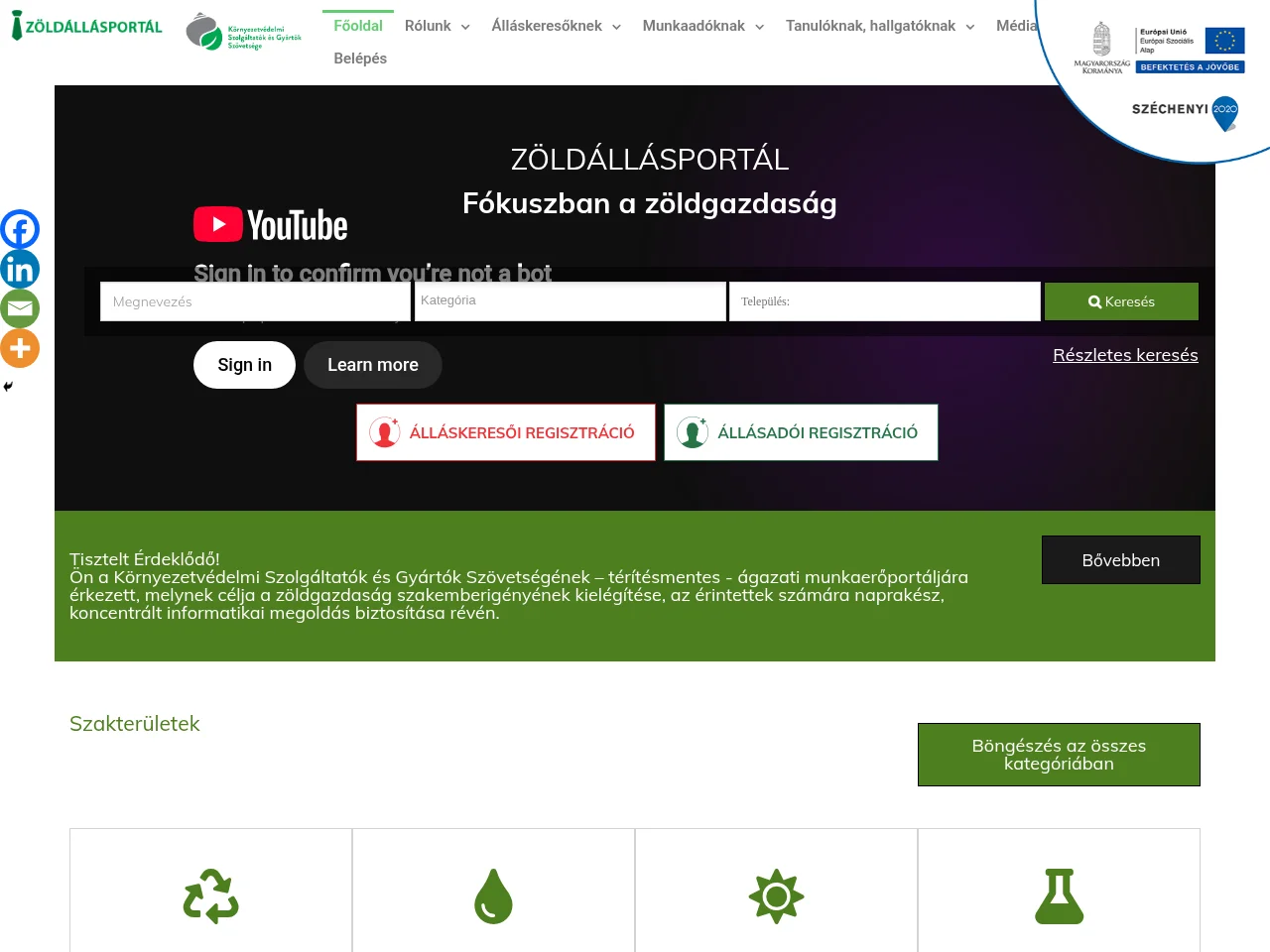 ZöldÁllásPortál job board platform screenshot showing job search interface