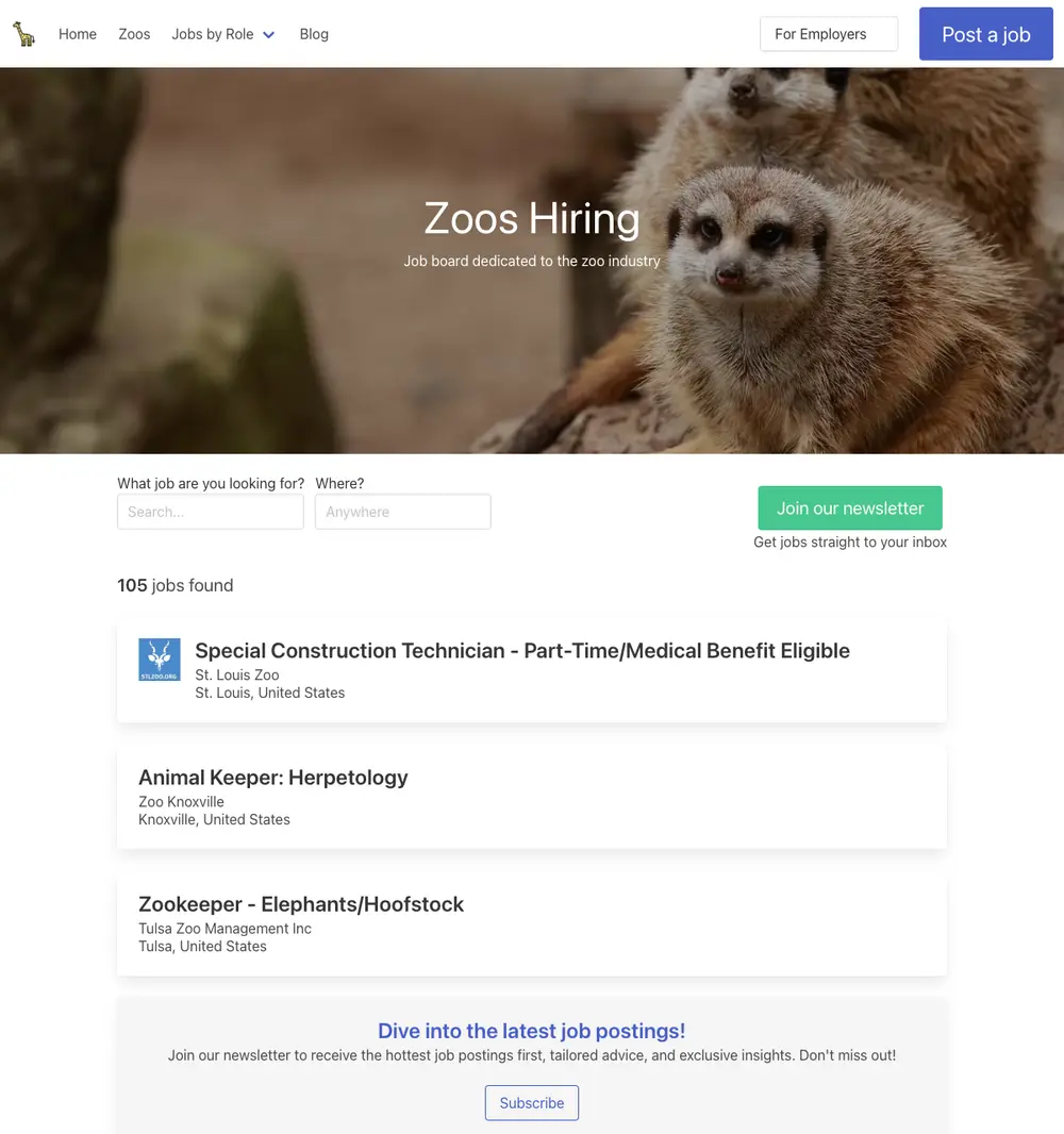 Zoos Hiring job board platform screenshot showing job search interface