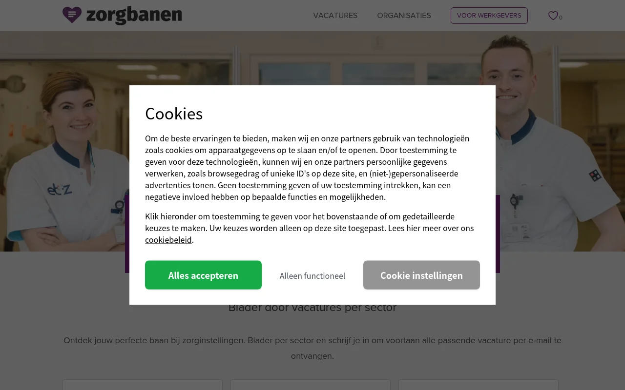 Zorgbanen job board platform screenshot showing job search interface