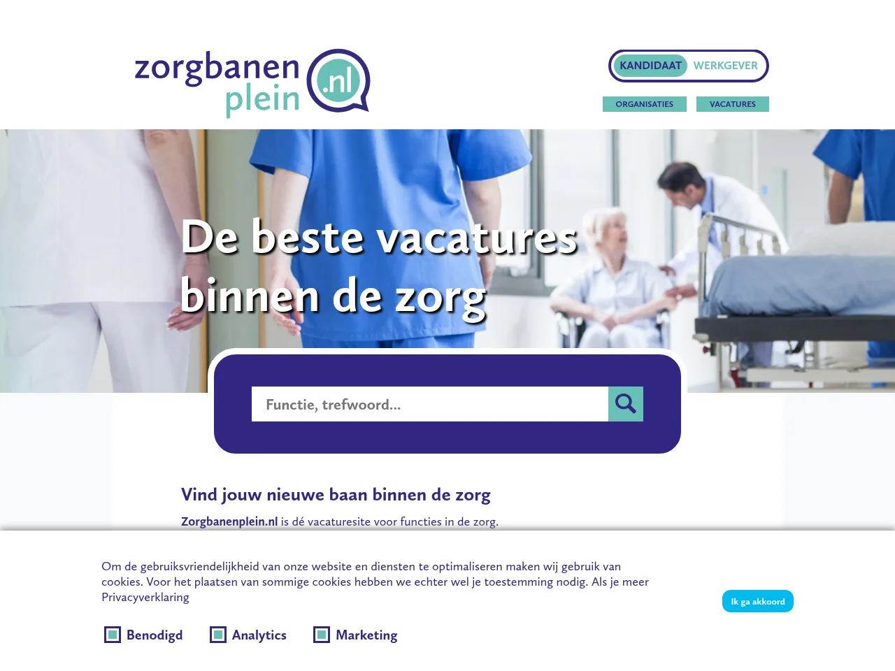 Zorgbanenplein job board platform screenshot showing job search interface