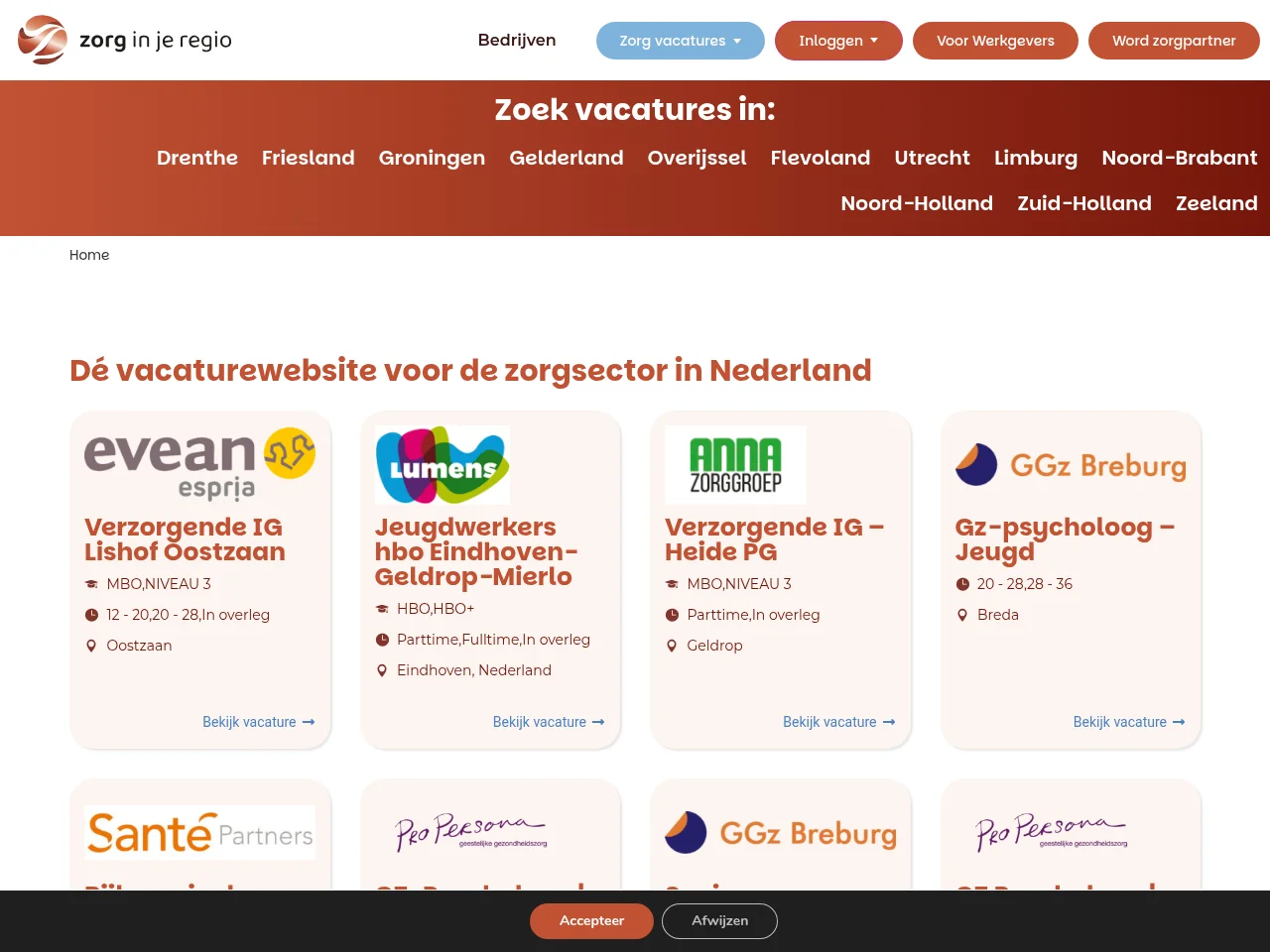 Zorg in je Regio screenshot Zorg in je Regio job board platform screenshot showing job search interface