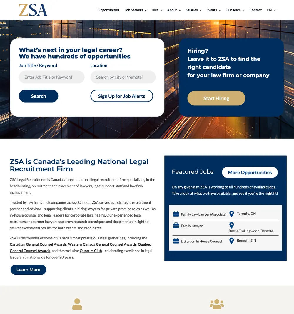 ZSA Legal Recruitment job board platform screenshot showing job search interface