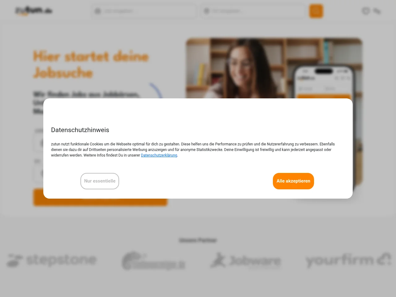 zutun.de job board platform screenshot showing job search interface